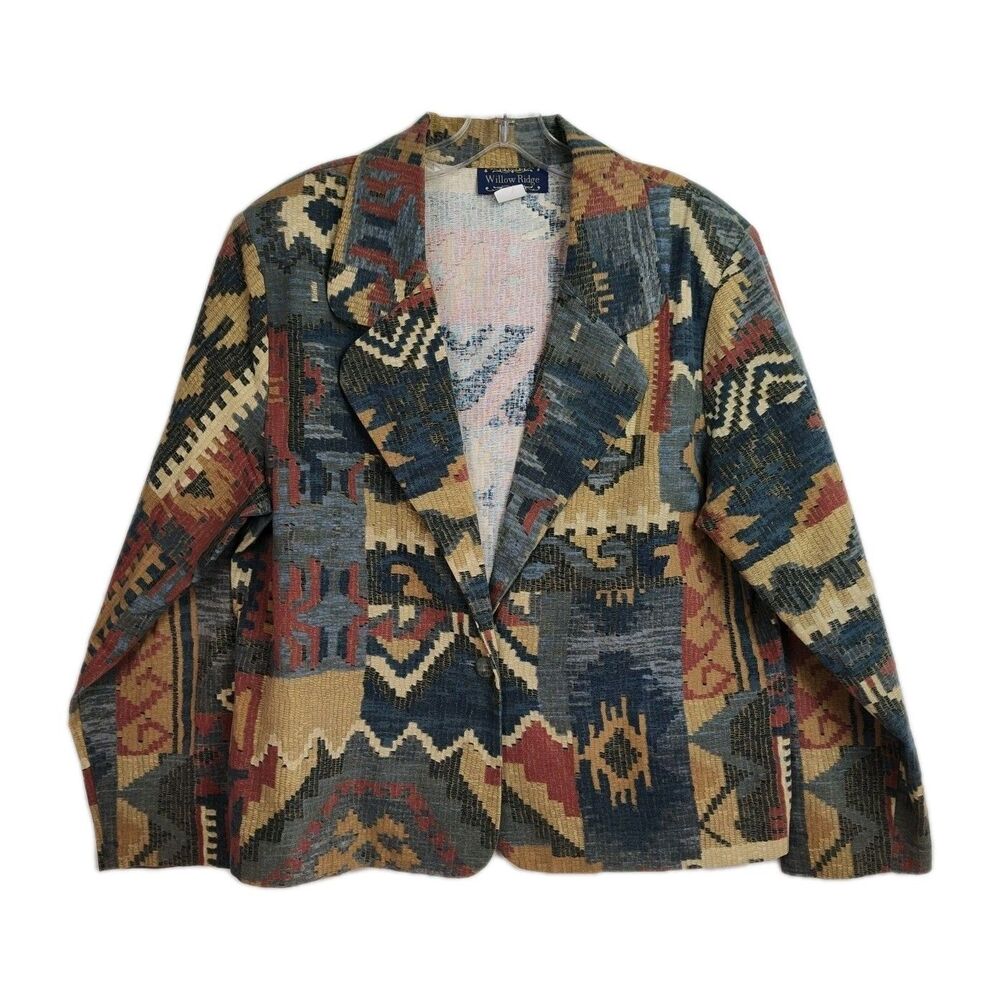 VTG‎ Willow Run Blazer Women's Size 18 Blue Neutral Southwestern Print Long Slvs